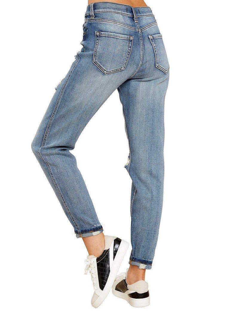 luvamia Women's Casual High Waist Ripped Boyfriend Jeans Washed Distressed Denim Jean Pants Modern Blue Size Medium - Image 2